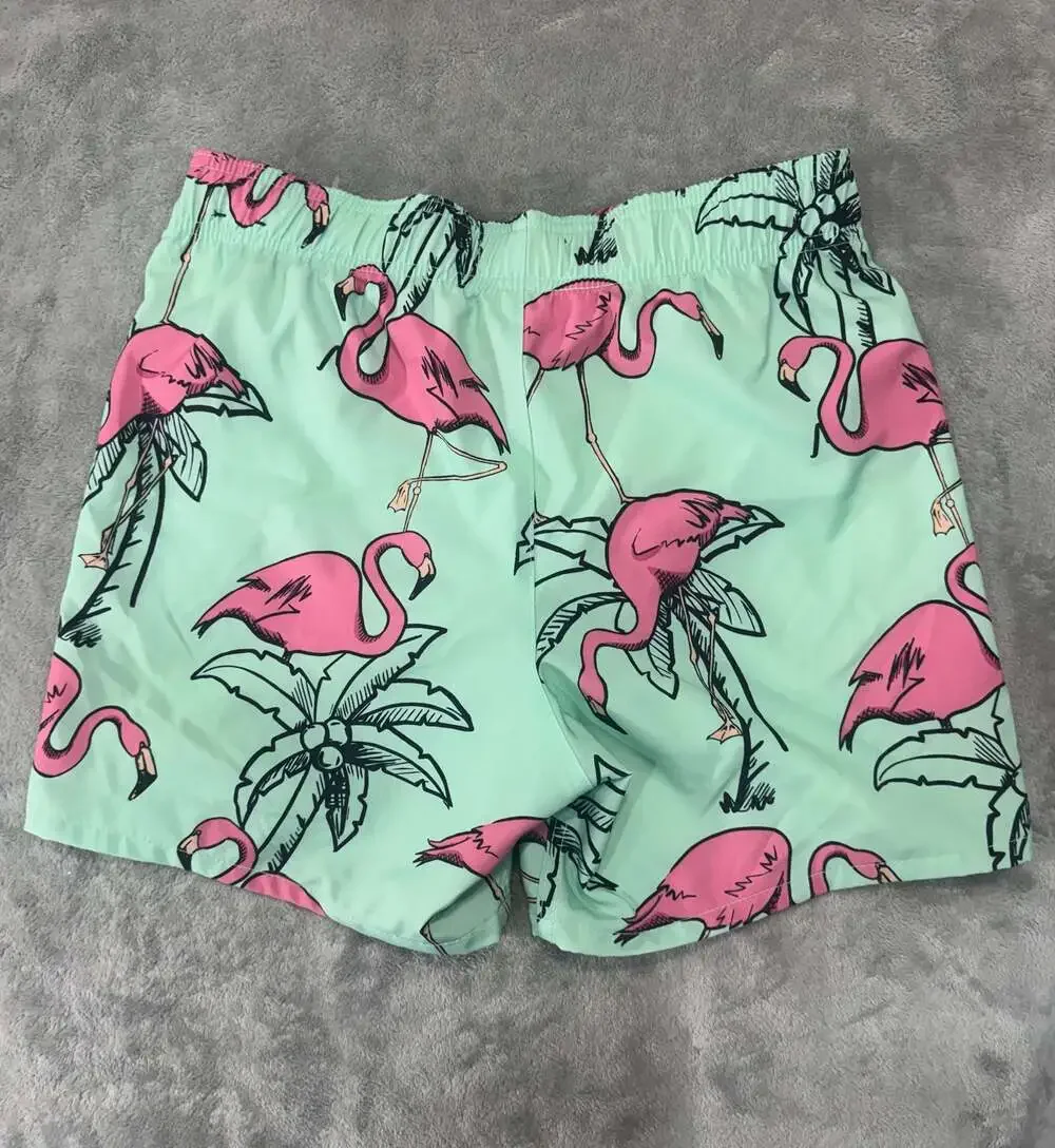 Hollister Flamingo & Palm Tree Print Mint Green Mesh Lined Swim Trunks Size S